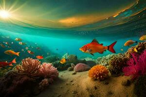 the sun shines over a coral reef with fish and coral. AI-Generated photo