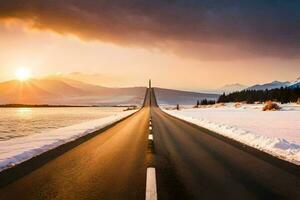 un largo la carretera con nieve en el suelo y montañas en el antecedentes. generado por ai foto