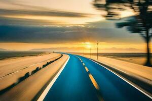 un largo la carretera con un árbol en el primer plano. generado por ai foto