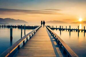 un Pareja caminando en un muelle a puesta de sol. generado por ai foto