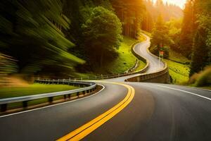 a winding road in the mountains with trees and sun. AI-Generated photo