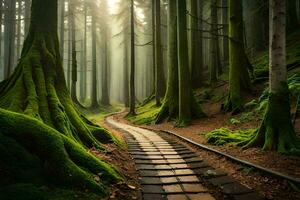 un camino mediante un bosque con cubierto de musgo arboles generado por ai foto