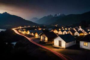 a row of houses in the mountains at night. AI-Generated photo