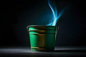 a green bucket with blue smoke coming out of it. AI-Generated photo