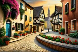 an artistic painting of a street in europe. AI-Generated photo