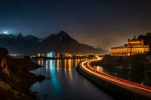 a long exposure photograph of a city at night with mountains in the background. AI-Generated photo