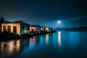 a boat house at night with a full moon. AI-Generated photo