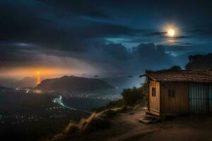 a cabin on the hillside with a full moon in the sky. AI-Generated photo