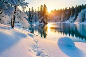 a snowy lake surrounded by trees and snow. AI-Generated photo
