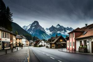 a street in the mountains with houses and mountains in the background. AI-Generated photo