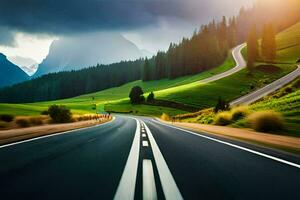 un la carretera en el montañas con un Dom brillante. generado por ai foto