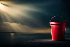 a red bucket sitting on a rock near the ocean. AI-Generated photo
