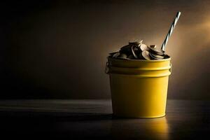 un amarillo taza con chocolate en él. generado por ai foto