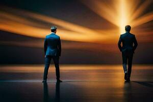 two men in suits stand in front of a bright light. AI-Generated photo