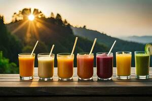 a row of glasses with different juices and fruit. AI-Generated photo