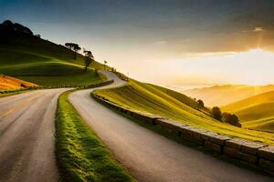 el la carretera a el puesta de sol. generado por ai foto