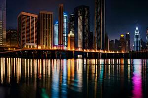 un ciudad horizonte a noche con luces reflejando en el agua. generado por ai foto