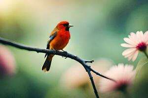 a colorful bird sits on a branch with flowers. AI-Generated photo