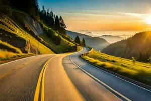 a scenic road in the mountains with the sun setting. AI-Generated photo