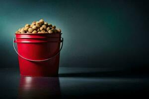 a red bucket filled with peanuts on a dark table. AI-Generated photo