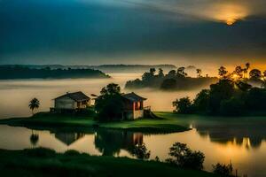 un casa se sienta en el borde de un lago con niebla. generado por ai foto