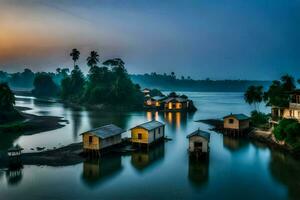 un río con casas en el costa. generado por ai foto