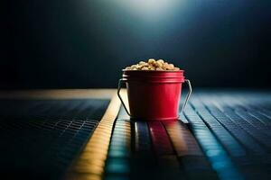 a red bucket filled with peanuts sitting on a black surface. AI-Generated photo