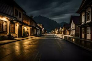 un calle en el oscuro con edificios y montañas en el antecedentes. generado por ai foto