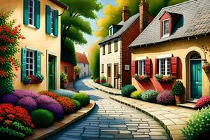 a painting of a street with colorful houses. AI-Generated photo