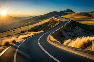 el la carretera a el puesta de sol. generado por ai foto