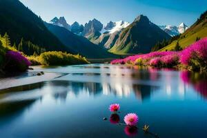 the flowers are blooming in the river and the mountains are reflected in the water. AI-Generated photo