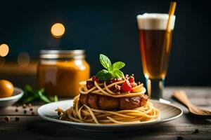 spaghetti with tomato sauce and meat on a plate. AI-Generated photo