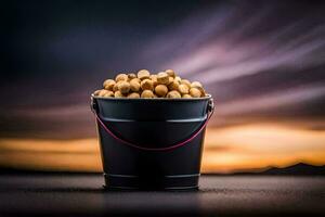a bucket full of peanuts on a dark background. AI-Generated photo