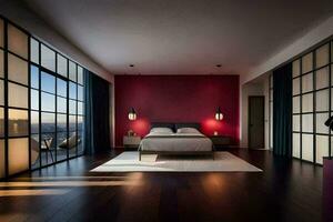 a bedroom with a red wall and wooden floors. AI-Generated photo