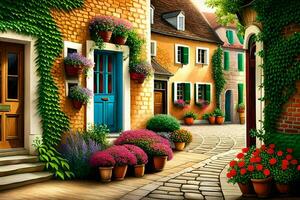 an artistic painting of a street with potted plants. AI-Generated photo