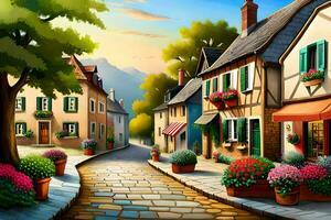 a painting of a street in the village. AI-Generated photo