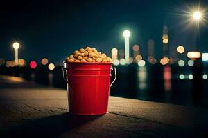 a bucket of popcorn on a table in front of a city at night. AI-Generated photo