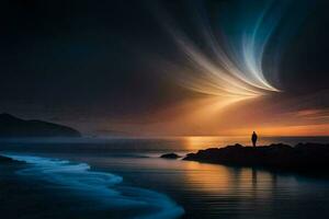 a man standing on the beach at night with a bright light coming from the sky. AI-Generated photo