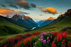 el montañas son cubierto en flores silvestres y flores generado por ai foto