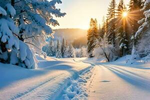 winter landscape with snow covered trees and sun. AI-Generated photo