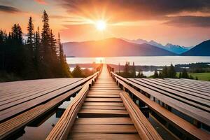 a wooden bridge leads to a lake and mountains at sunset. AI-Generated photo