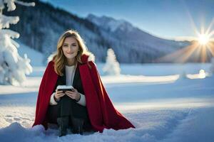 a woman in a red cloak sitting in the snow. AI-Generated photo