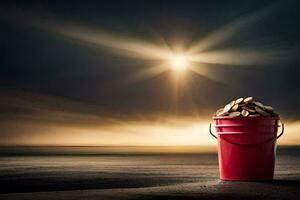 un rojo Cubeta lleno con monedas en el playa. generado por ai foto