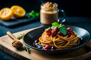 spaghetti with berries and spices in a black bowl. AI-Generated photo