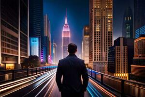 un hombre en un traje soportes en un puente mirando a el ciudad a noche. generado por ai foto