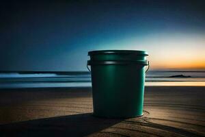 a green bucket sitting on the beach at sunset. AI-Generated photo