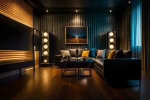 a modern living room with black walls and wooden floors. AI-Generated photo