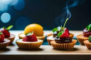 a tray of mini desserts with smoke coming out of them. AI-Generated photo