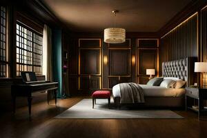 a bedroom with dark wood paneling and a piano. AI-Generated photo