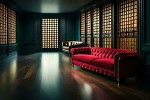 a red couch in a room with wooden walls. AI-Generated photo